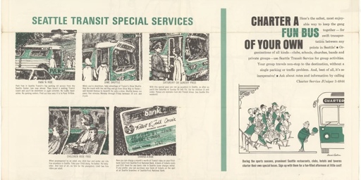 Ad from a map for the city of Seattle for transit special services, including chartering a fun bus